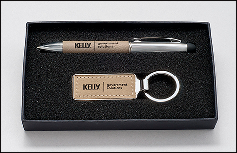 Taupe Leather Gift Pen Set and Key Chain #PKC6427